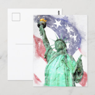 Cartão Postal Estátua da Liberdade fechada com a bandeira aquare