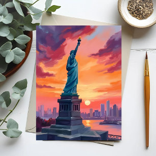 Cartão Postal Estátua da Liberdade NYC Horizonte Pôr do Sol Aqua