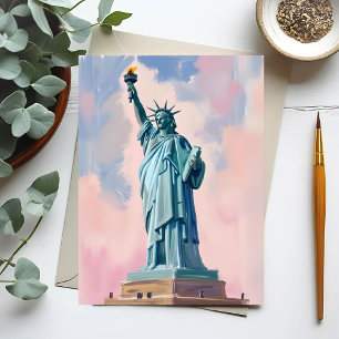 Cartão Postal Estátua da Liberdade Pôr do Sol Pastel NYC Aquarel