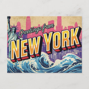 Cartão Postal Estátua de Nova York Onda Silhueta