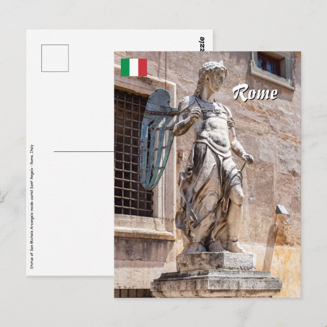 Cartão Postal Estátua de São Miguel no Castel Sant'Angelo - Roma (Frente/Verso)