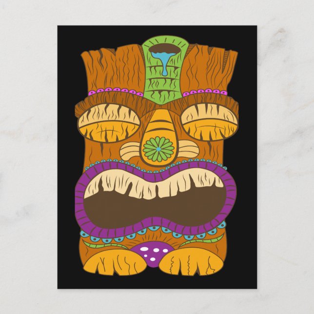 Cartão Postal Estátua de Wooden Tiki com Boca Aberta, Preto Engr (Frente)