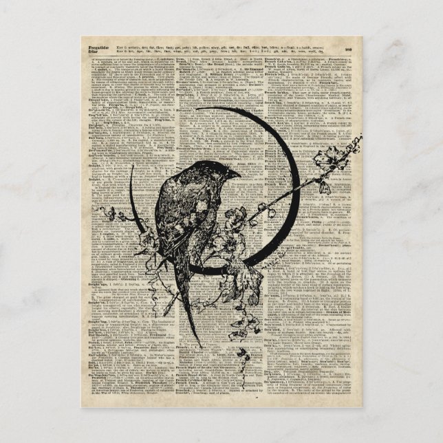 Cartão Postal Estêncil Raven Bird preto sobre a página do dicion (Frente)