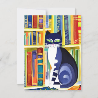 Cartão Postal Estética de Gato Literato - Gato Em Uma Prateleira