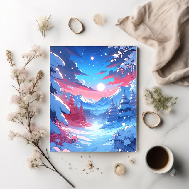 Cartão Postal Estilo Anime Winter Mountain Art Snowy Night (Criador carregado)