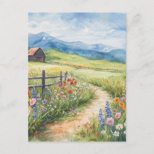 Cartão Postal Estilo Aquarela Prado de Primavera com Flores