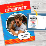 Cartão Postal Estilo de banda desenhada divertida em qualquer CH<br><div class="desc">Diversão, estilo banda desenhada, convite para festa de aniversário postal! Fácil de personalizar com sua própria foto e texto personalizado na frente e atrás. Esta placa colorida foi projetada para um CHURRASCO, mas todo o texto pode ser personalizado para ajustado em outras ocasiões! Um design de estilo retrô em cores...</div>