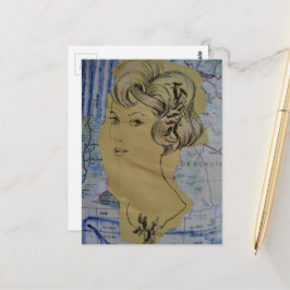 Cartão Postal Estilo de Cabelo Retrô Mulher e Colagem de Mapa