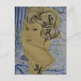 Cartão Postal Estilo de Cabelo Retrô Mulher e Colagem de Mapa