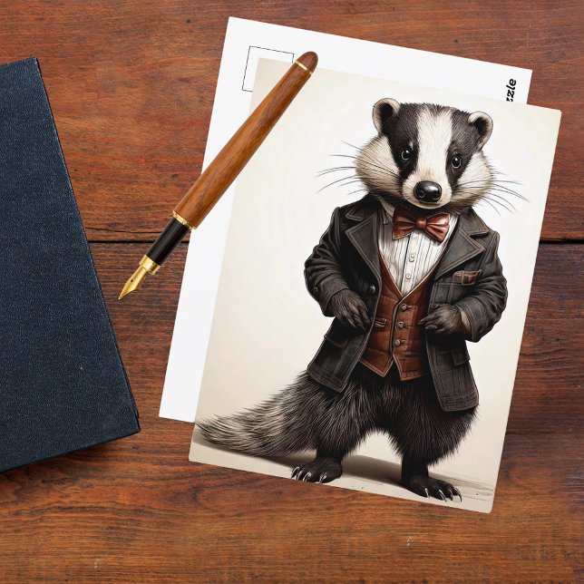 Cartão Postal Estilo de Vintage Distinto Cavalheiro Badger (gentleman badger vintage illustration woodland British wildlife dapper suit old fashioned postcard)
