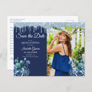 Cartão Postal Estilo Mexicano Blue Quinceañera Salve a Data