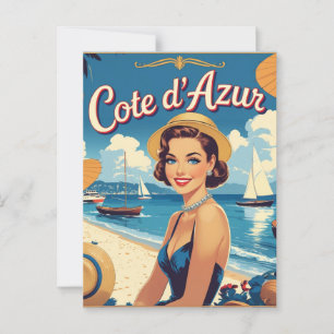 Cartão Postal Estilo Vintage Cote D'Azur Beach Girl
