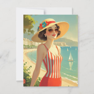 Cartão Postal Estilo Vintage Cote D'Azur Beach Girl