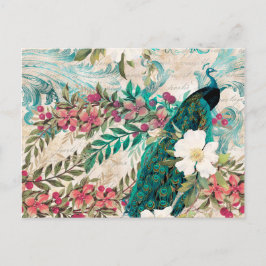 Cartão Postal Estilo Vintage Peacock Teal e Floral Rosa