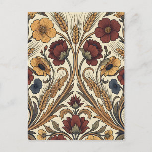 Cartão Postal Estilo William Morris Padrão Floral Trigo Vermelho