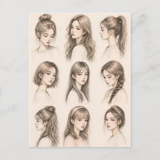 Cartão Postal Estilos de Cabelo de Garota de Anime Estético
