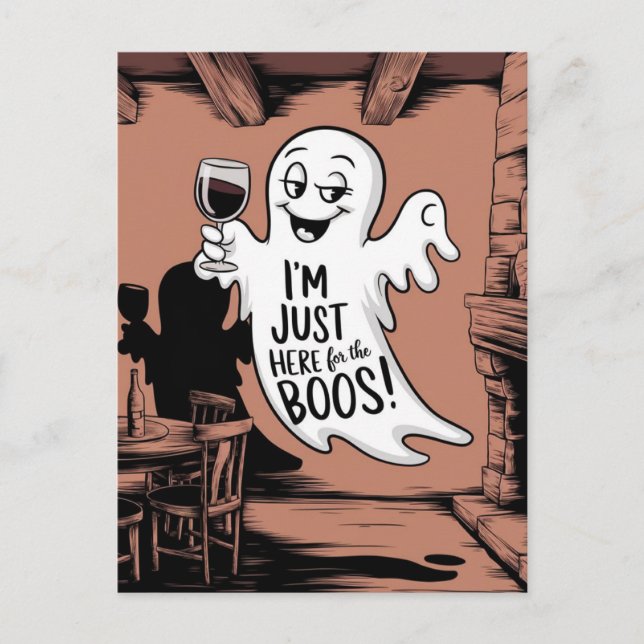 Cartão Postal Estou aqui para o Fantasma Engraçado com Vinho (Frente)