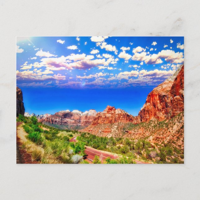 Cartão Postal Estrada Através do Parque Nacional Zion (Frente)