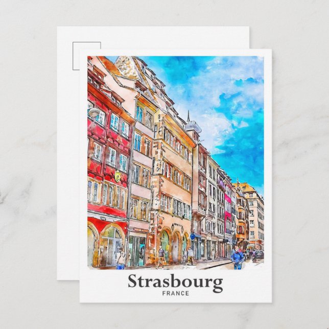 Cartão Postal Estrasburgo França Viagem Watercolor (Frente/Verso)