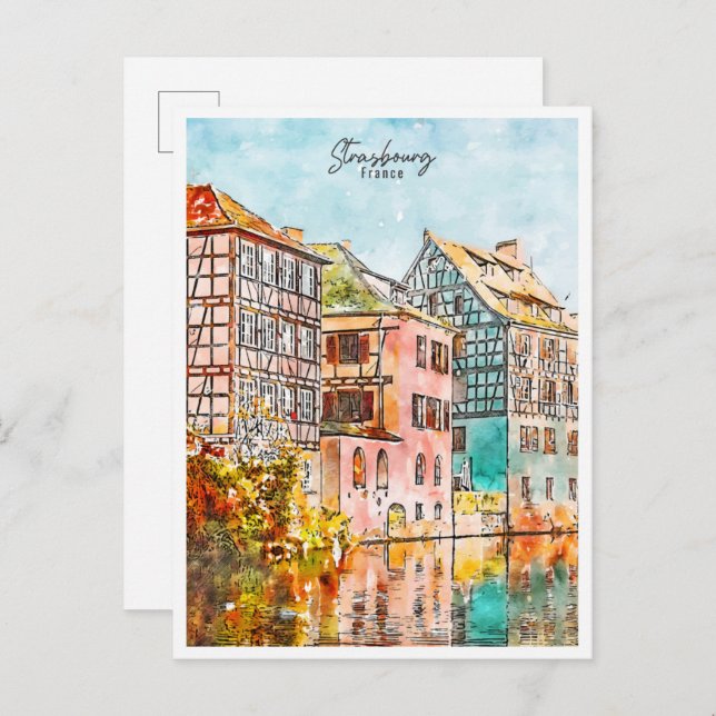 Cartão Postal Estrasburgo França viagens vintage aquarela (Frente/Verso)