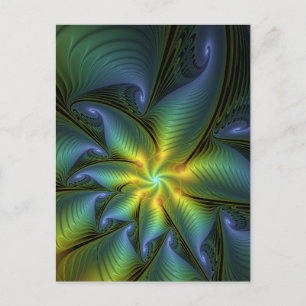 Cartão Postal Estrela Abstrata, Arte Fractal Dourada Azul Brilha