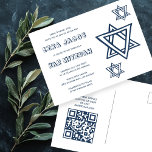Cartão Postal ESTRELA DE CARTA EXTERNA DO BAR QR Personalizado D<br><div class="desc">Cartaz perfeito para anunciar um bar ou morcego mitzvah! Mão fez arte para você com estrela de design David na frente e código QR na parte de trás! TOTALMENTE PERSONALIZÁVEL! Clique em "Personalizar" acima para editar o texto. Clique em "editar usando a ferramenta design" para ajustar as fontes, as cores...</div>