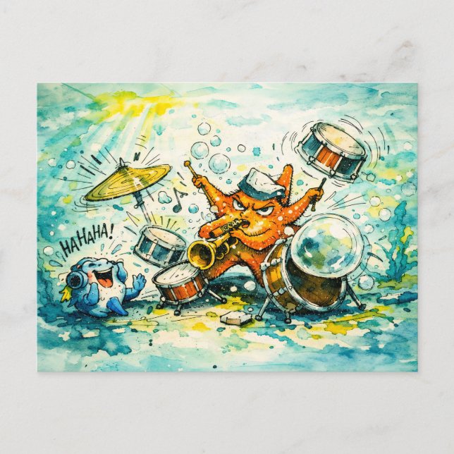 Cartão Postal Estrela-do-mar tocando bateria e trompete   (Frente)