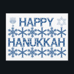 Cartão Postal Estrela Feliz de Hanukkah de David Menorah Snowfla<br><div class="desc">Estrela Feliz de Hanukkah de David Menorah velas de neve padrão azul e branco,  Cartão-postal de Férias Judaicas Elegante</div>