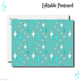 Cartão Postal Estrelas Brancas e Azul Turquesa Retro Editáveis