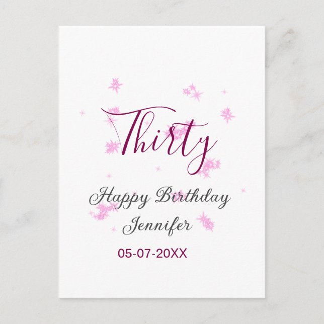Cartão Postal Estrelas brilhantes rosa trigésimo aniversário pre (Frente)