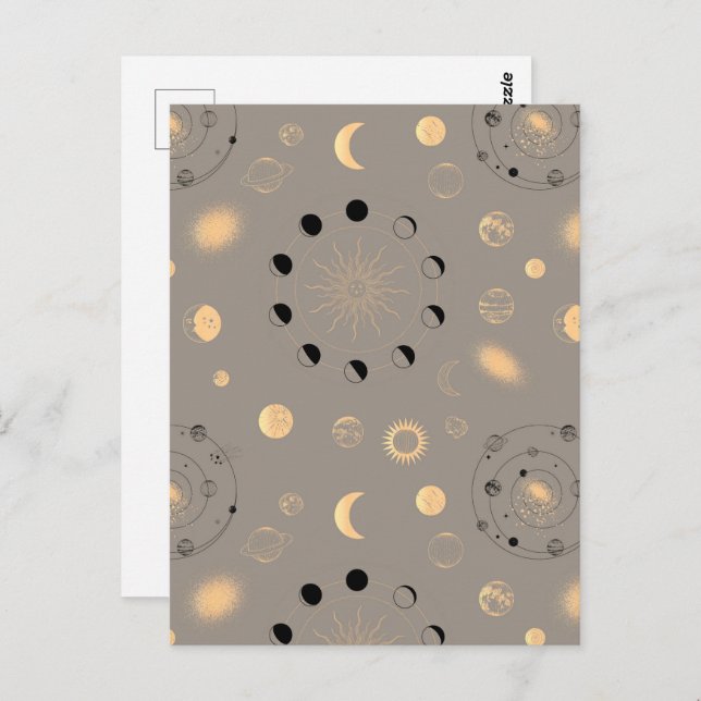 Cartão Postal Estrelas do Sol fases da lua planetas dourados neg (Frente/Verso)