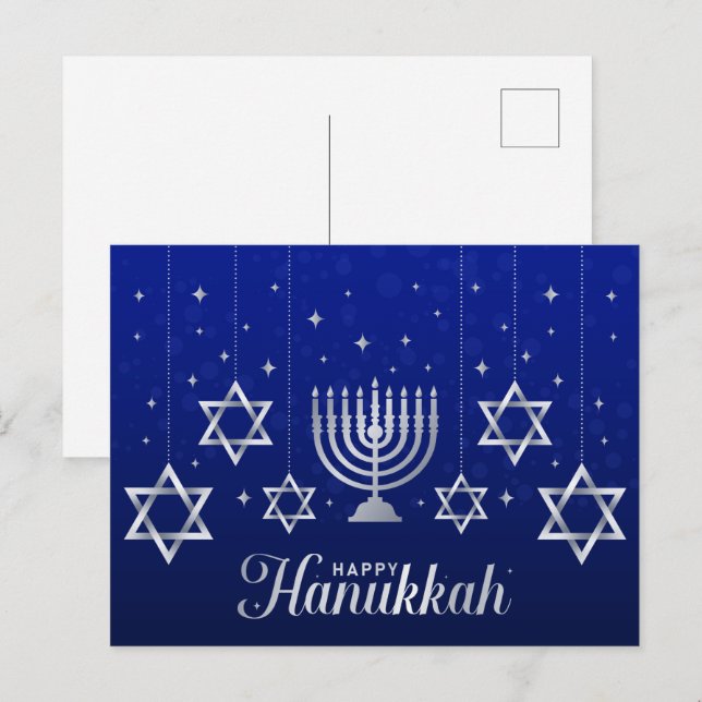Cartão Postal Estrelas prateadas de David Menorah Happy Hanukkah (Frente/Verso)