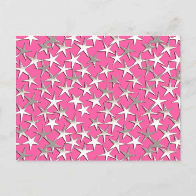 Cartão Postal Estrelas prateadas em rosa fúcsia (Frente)