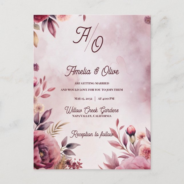 Cartão Postal Ethereal Mauve Romantic Luxury Wedding Invitation (Frente)