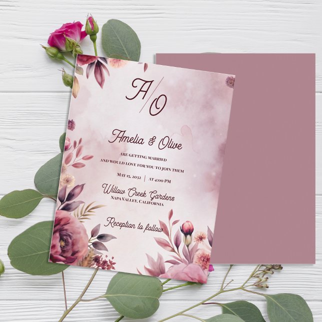 Cartão Postal Ethereal Mauve Romantic Luxury Wedding Invitation (Ethereal Mauve Fine Art Floral Wedding Invitation | Romantic Luxury Blush Wedding Invitation)