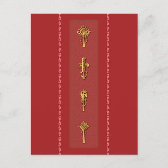 Cartão Postal Ethiopian Orthodox Crosses – Gold on Red (Frente)