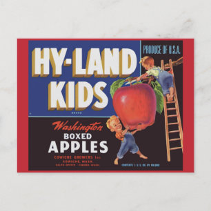 Cartão Postal Etiqueta Hyland Kids Washington Apples, 1950