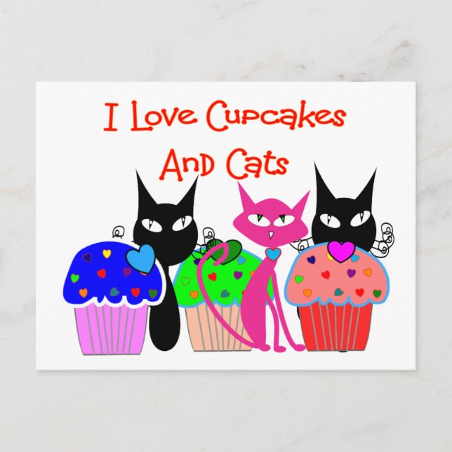 Cartão Postal "Eu adoro cupcakes e gatos" — Ofertas de Cupcakes (Frente)