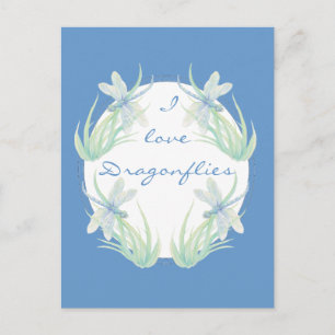Cartão Postal Eu adoro Dragonflies em Blue and Green Watercolor