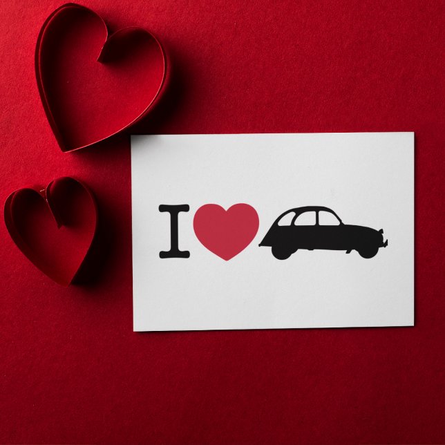 Cartão Postal Eu amo Carro de Tempo Antigo Deux Chevaux (I love 2CV Sticker in White with a Black Typography and Illustration)