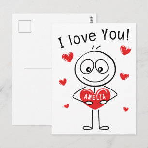 Cartão Postal Eu Amo Você Figura de Palito Corações Bonitos Nome