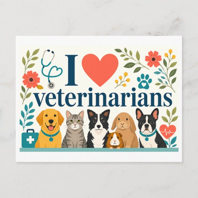 Cartão Postal "Eu [Coração] Veterinários" (Frente)