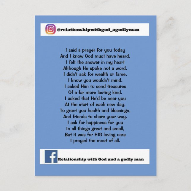 CARTÃO POSTAL EU DISSE UMA ORAÇÃO PARA VOCÊ HOJE (Frente)