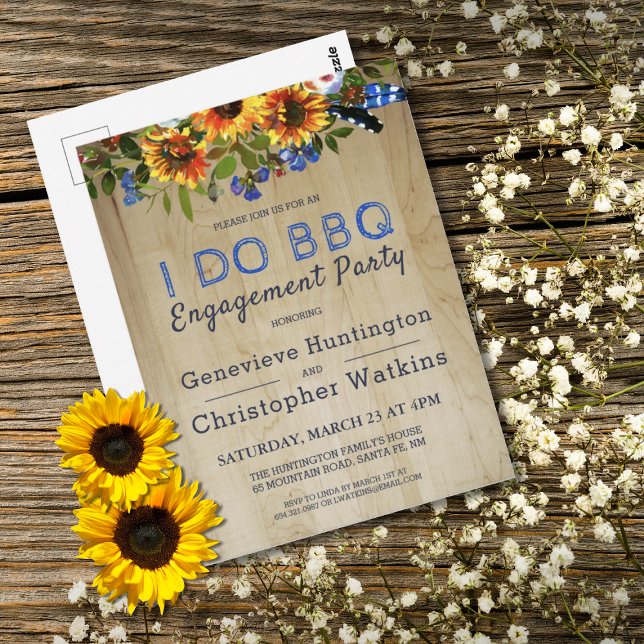 Cartão Postal EU FAÇO CHURRASCO Rustic Floral Barn Wood Festa de (I DO BBQ Rustic Sunflower Floral Barnwood Engagement Party Invitation Postcard)