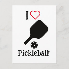Cartão Postal Eu ❤️ Pickleball em preto, branco e vermelho