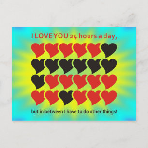 Cartão Postal EU TE AMO 24 horas por dia Brilho ciano amarelo