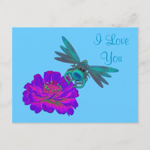 Cartão Postal Eu Te Amo Dragonfly Zinnia Flower Postcard