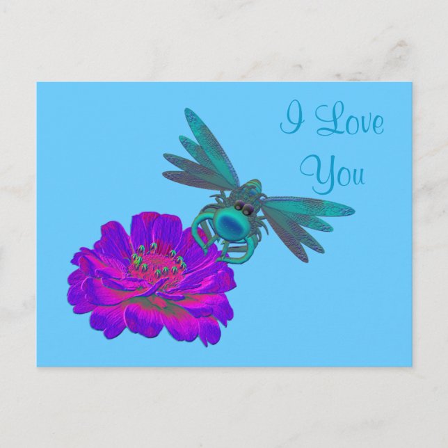 Cartão Postal Eu Te Amo Dragonfly Zinnia Flower Postcard (Frente)