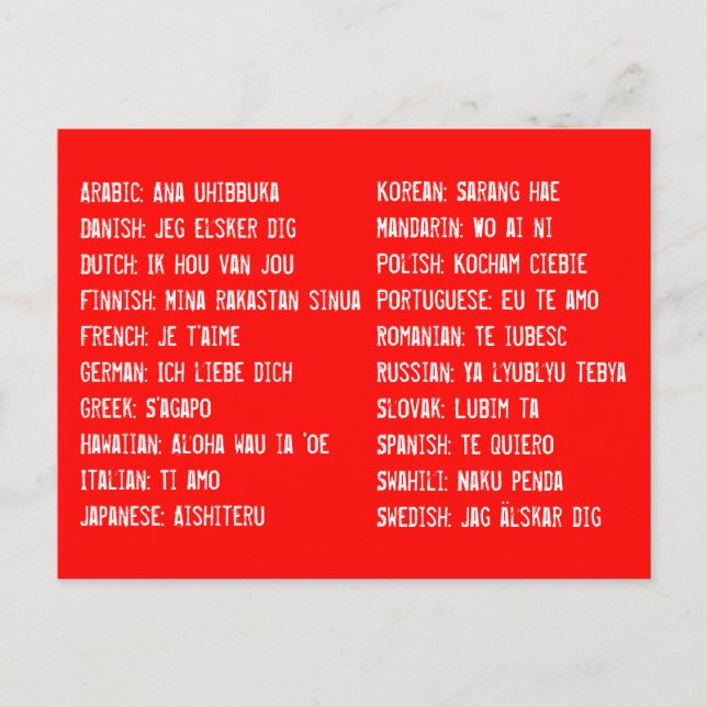 Cartão Postal Eu te amo em 20 línguas diferentes (Frente)