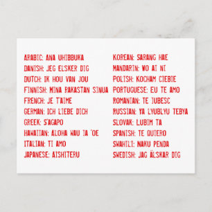 Cartão Postal Eu te amo em 20 línguas diferentes